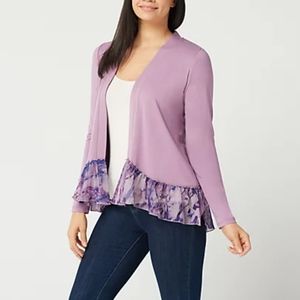 - LOGO dusty purple stretch knit cardigan with flowy watercolor bottom trim